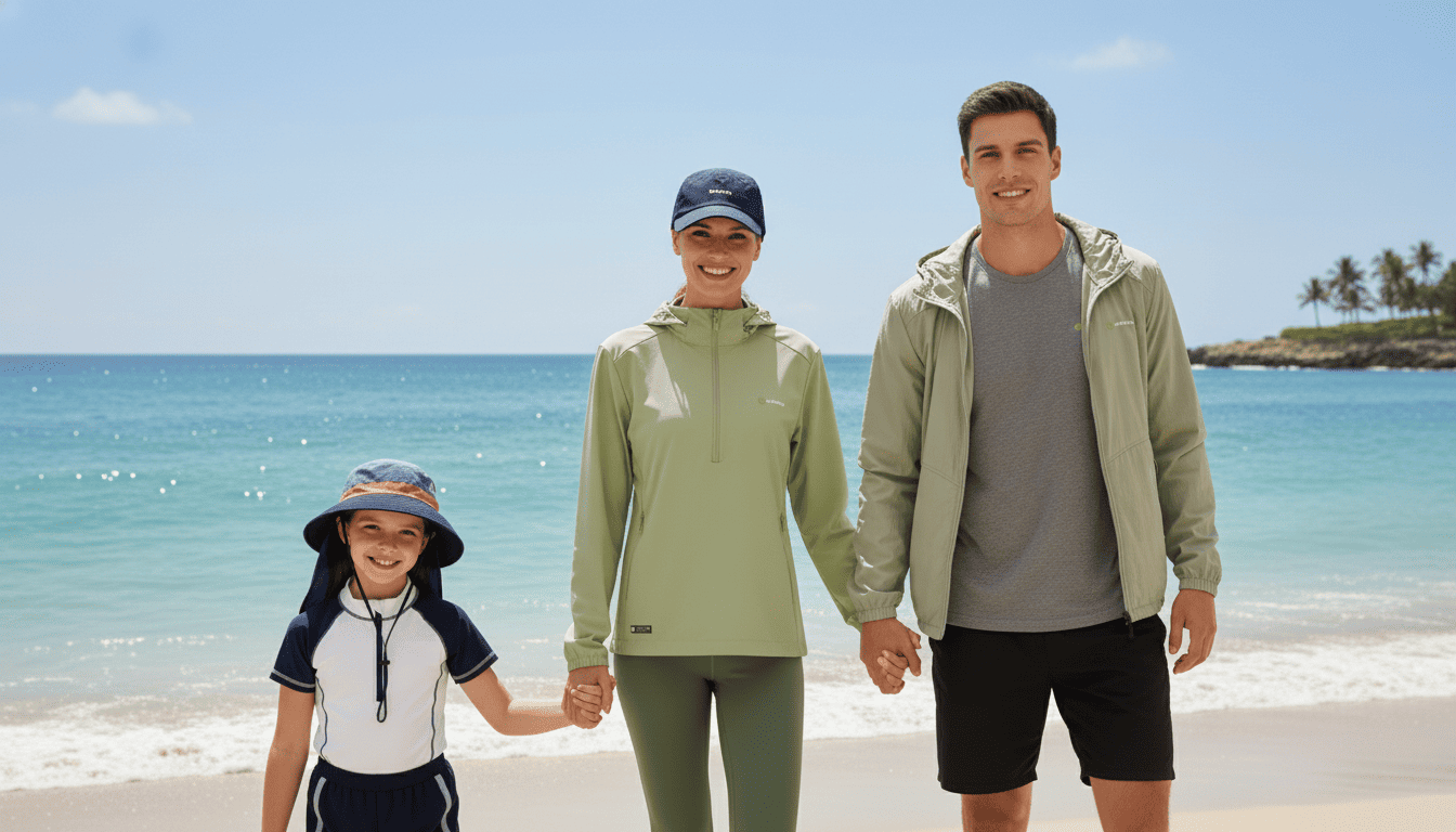 Family of three standing on a beach with ocean and clear sky in the background wearing sun protection clothing