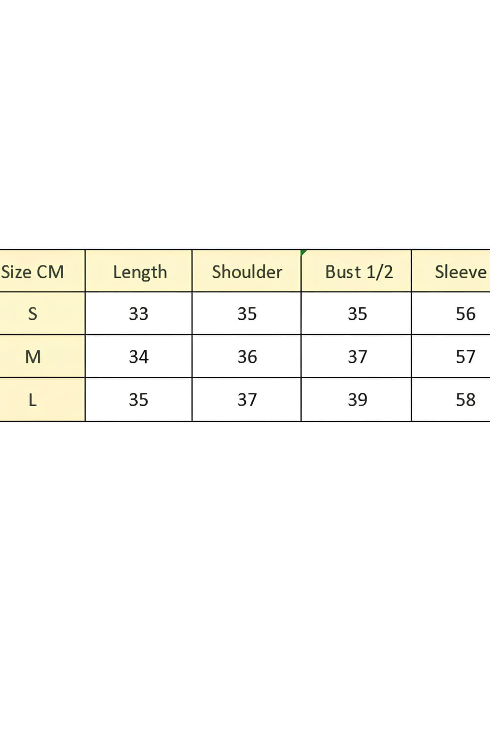 bolero size chart