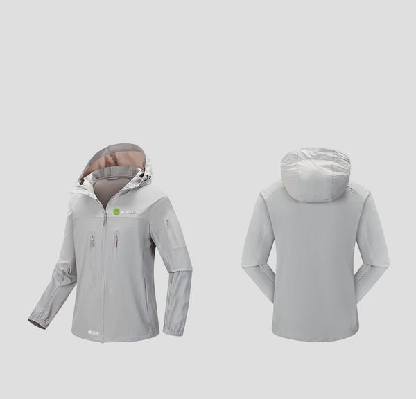 Gray Light hooded sun protection clothing with front and back views