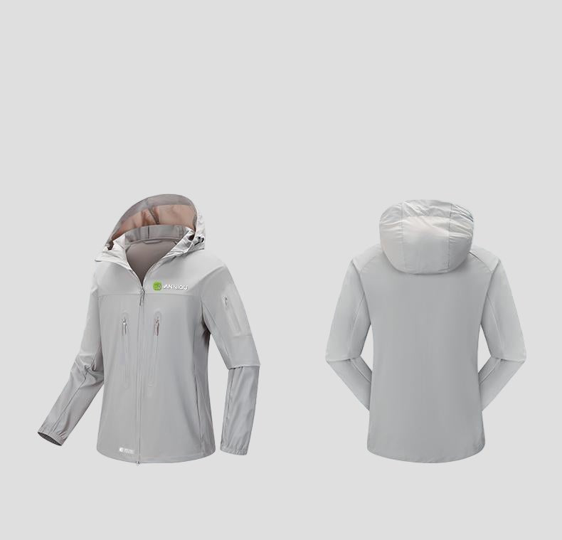 Light hooded sun protection clothing with front and back views