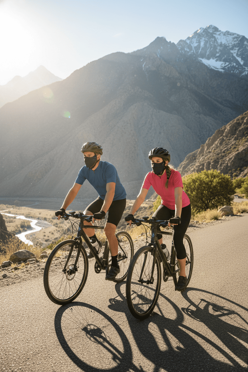 Two cyclists on a mountain road with sun protection face masks on