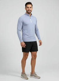 fog blue sweatshirt and black shorts