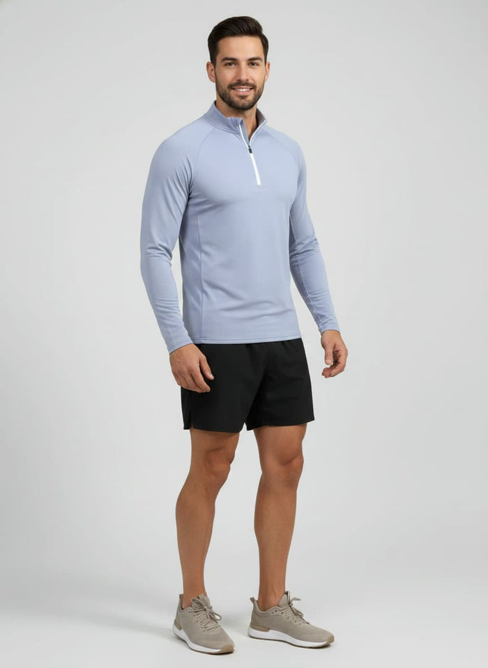 fog blue sweatshirt and black shorts