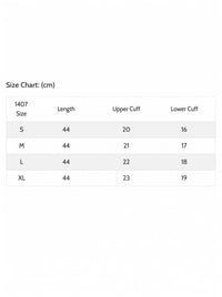 A size chart table in centimeters showing measurements for sizes S, M, L, and XL, with columns for 1407 Size, Length, Upper Cuff, and Lower Cuff.