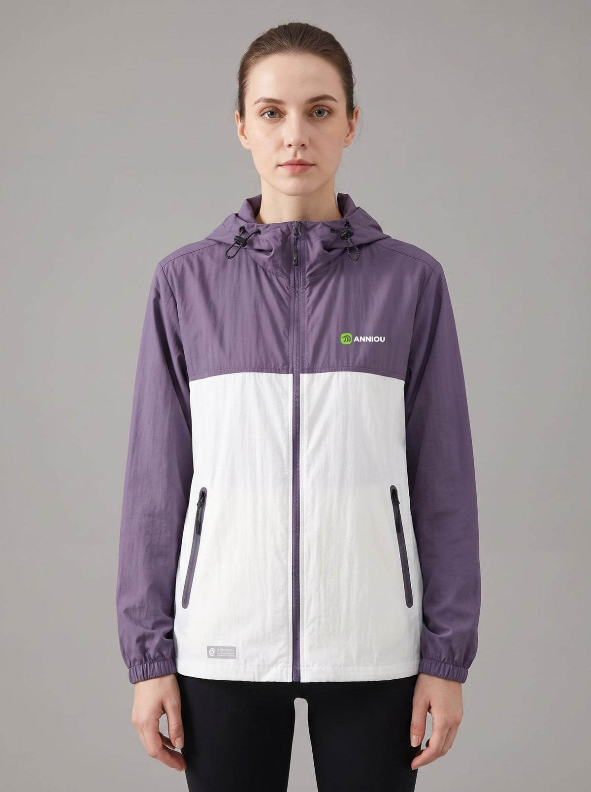 womens purple UPF 50+ breathable jacket hooded zip-front jacket with a color-block design in purple and white