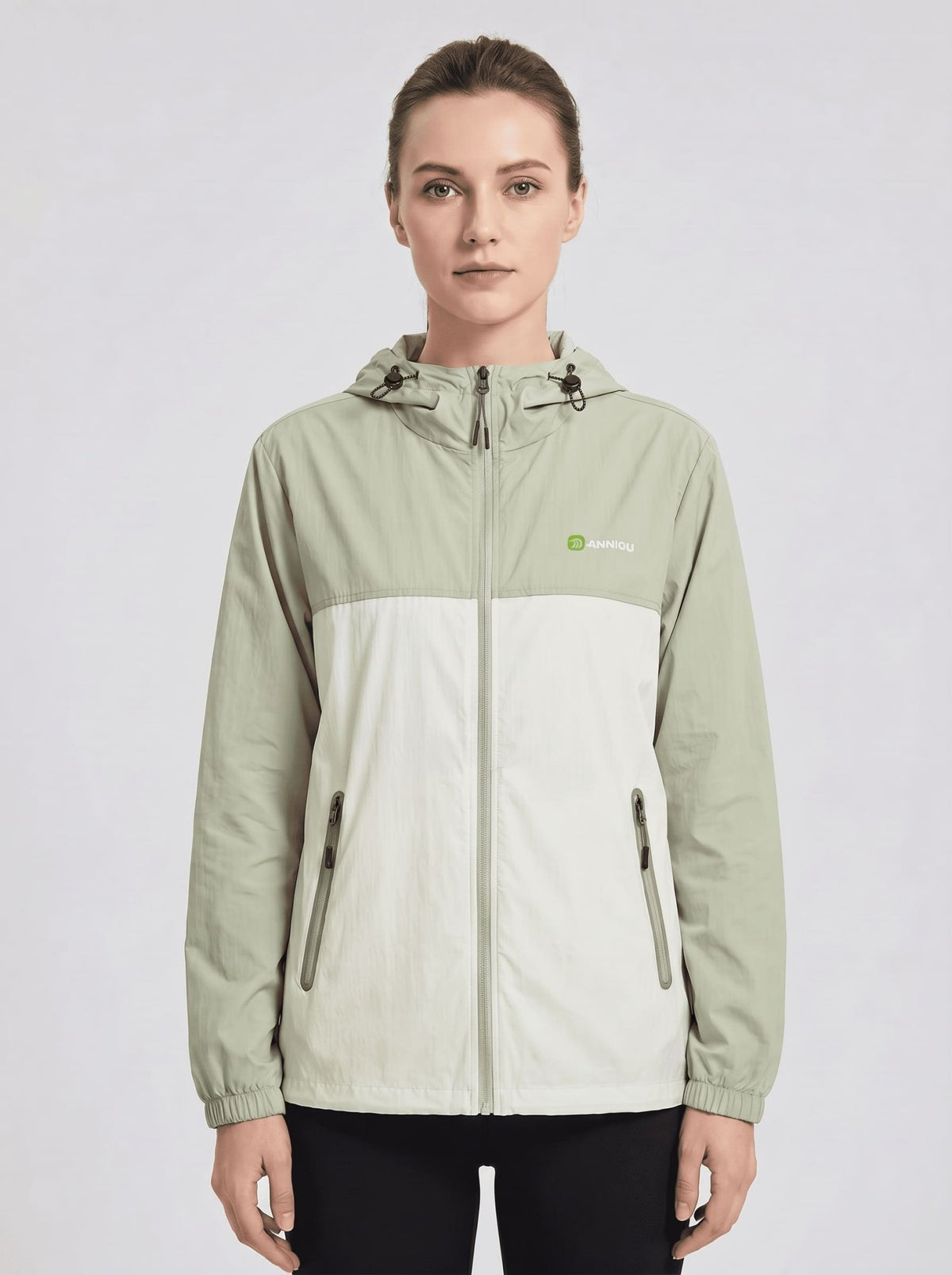 womens light green upf 50+ breathable jacket hooded zip-front jacket with a color-block design in light green and off-white