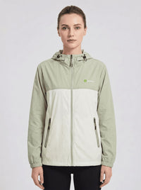 womens light green upf 50+ breathable jacket hooded zip-front jacket with a color-block design in light green and off-white