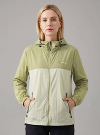 womens Apple green upf50 breathable jacket hooded zip-front jacket with a color-block design in green and off-white