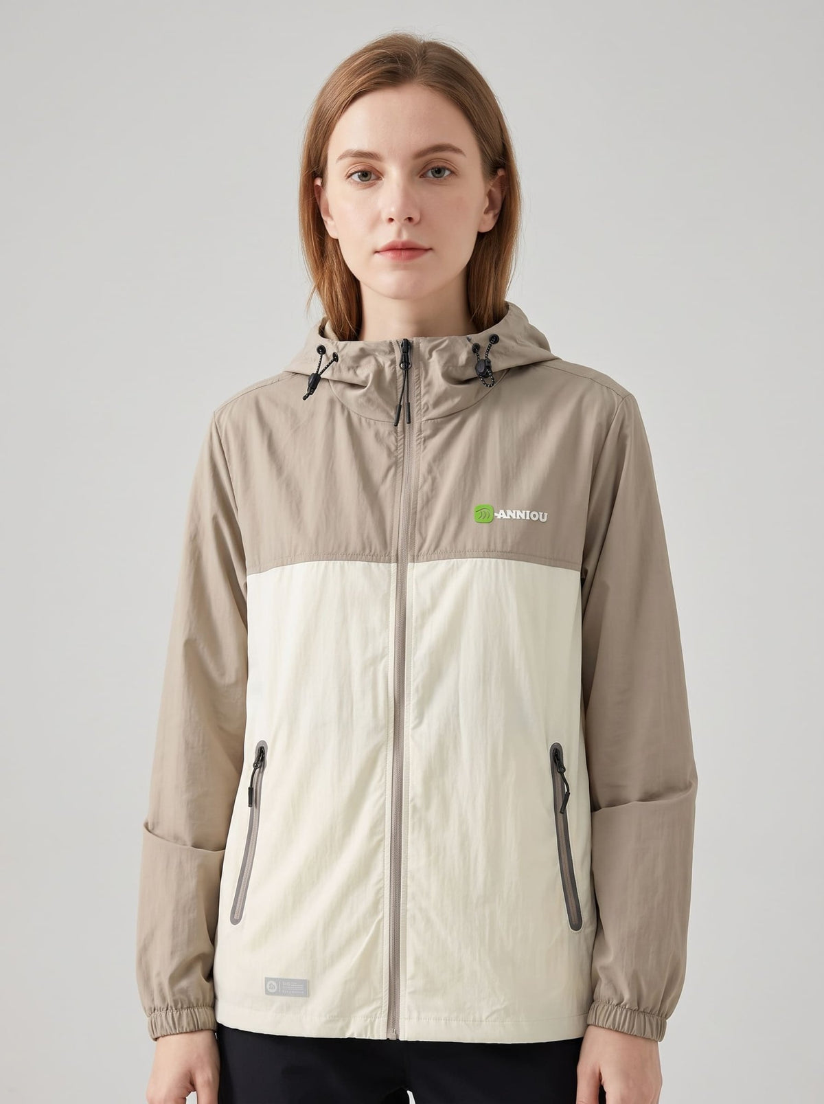 womens mocha upf 50+ breathable jacket hooded zip-front jacket with a color-block design in mocha and off-white
