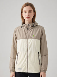 womens mocha upf 50+ breathable jacket hooded zip-front jacket with a color-block design in mocha and off-white