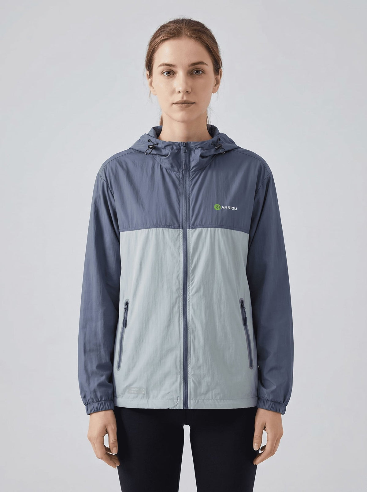 womens blue UPF 50+ breathable jacket hooded zip-front jacket with a color-block design in blue and gray