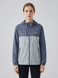 womens blue UPF 50+ breathable jacket hooded zip-front jacket with a color-block design in blue and gray