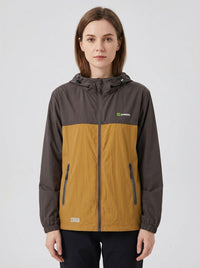 womens brown UPF 50+ breathable jacket hooded zip-front jacket with a color-block design in brown and orange
