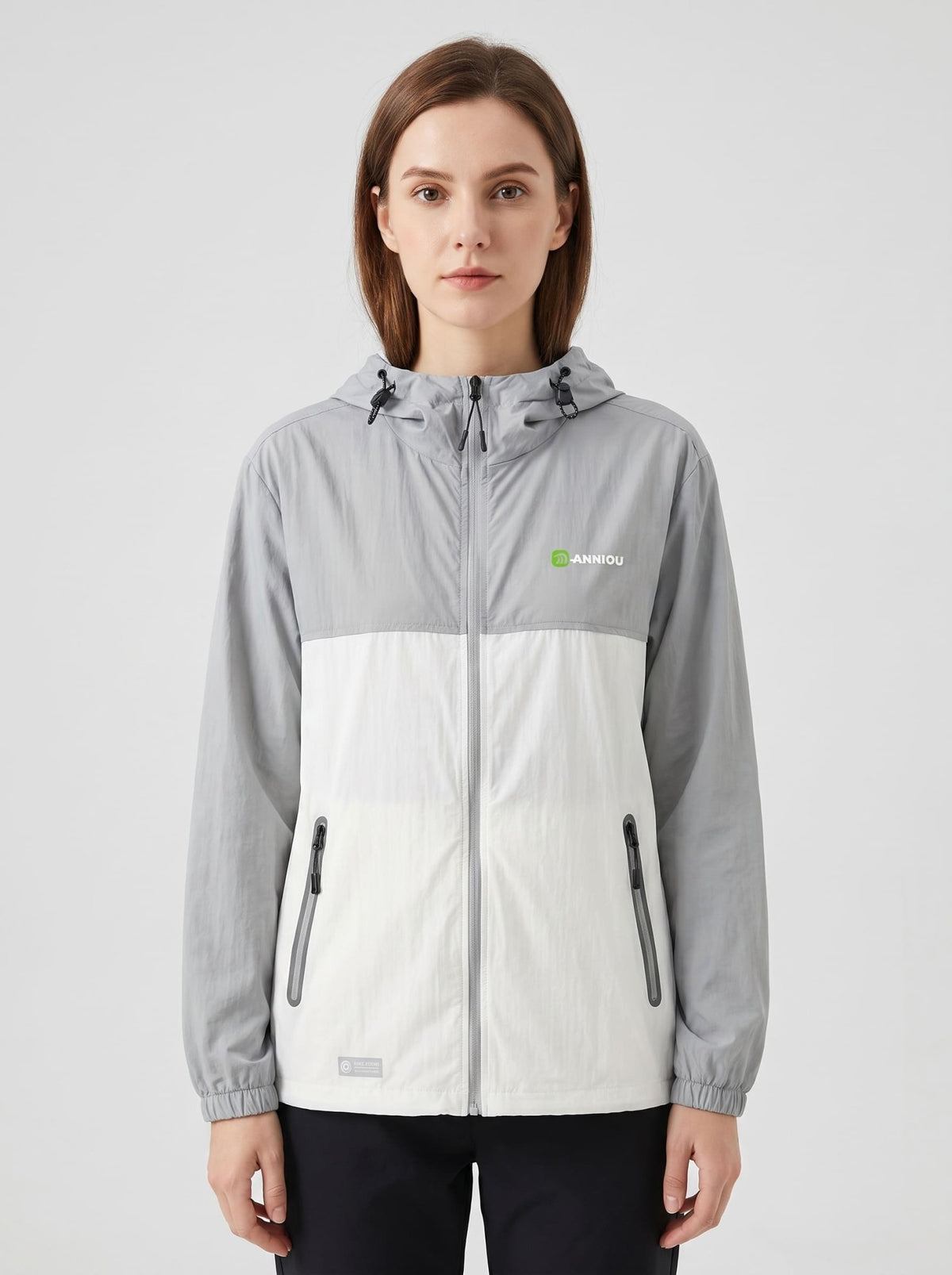 womens light gray UPF 50+ breathable jacket hooded zip-front jacket with a color-block design in gray and white