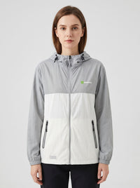 womens light gray UPF 50+ breathable jacket hooded zip-front jacket with a color-block design in gray and white