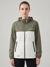 womens dark green upf 50+ breathable jacket hooded zip-front jacket with a color-block design in green and white