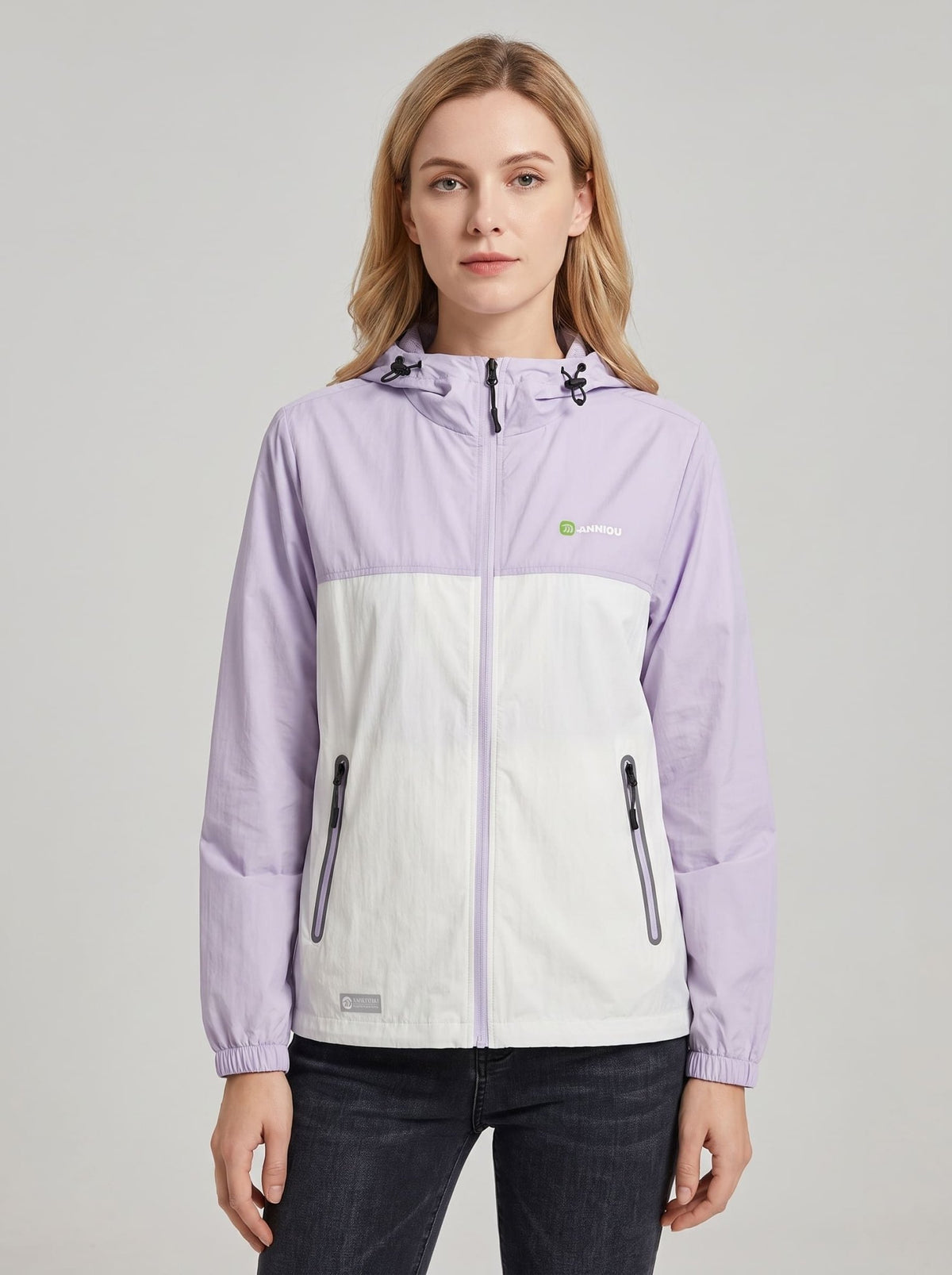 womens light purple UPF 50+ breathable jacket hooded zip-front jacket with a color-block design in purple and white