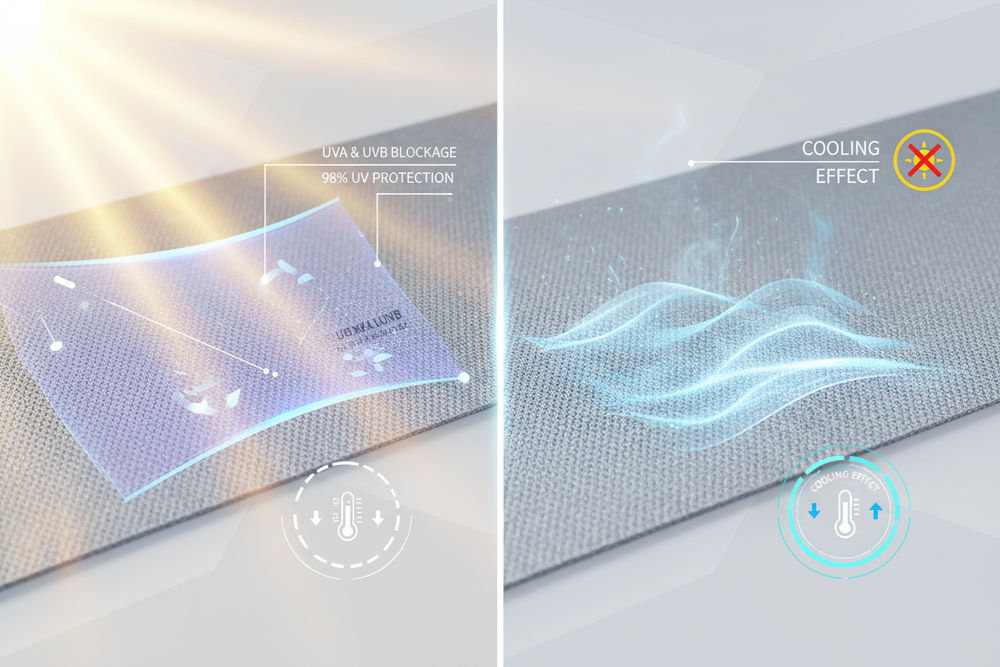 UPF 50+ cooling fabric technology offers superior sun protection while keeping you cool. As sunlight hits the fabric, it blocks 98% of harmful UV rays, while its innovative cooling properties actively lower skin temperature, providing a refreshing, breathable feel even on the hottest days. Perfect for staying protected and comfortable under the sun!