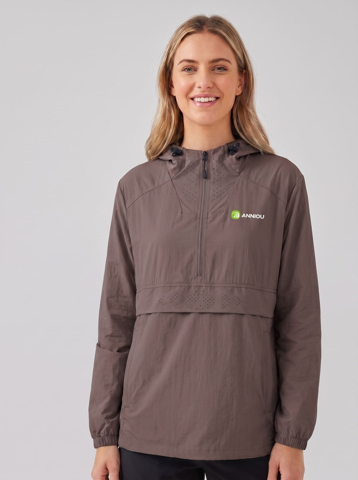 brown UPF 50+ Cooling Jacket with half zip hood