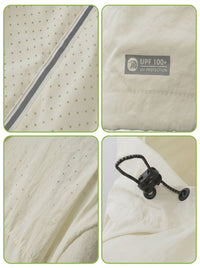 Four-panel close-up collage of a light cream-colored sun hat or beachwear fabric detail, showing a perforated pattern, a gray trim strip, a gray UPF 100+ UV Protection label, and a black drawcord closure.