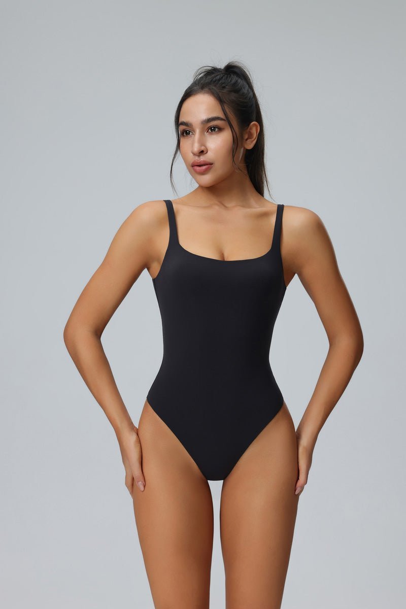 black UPF 50+ shaping yoga bodysuit