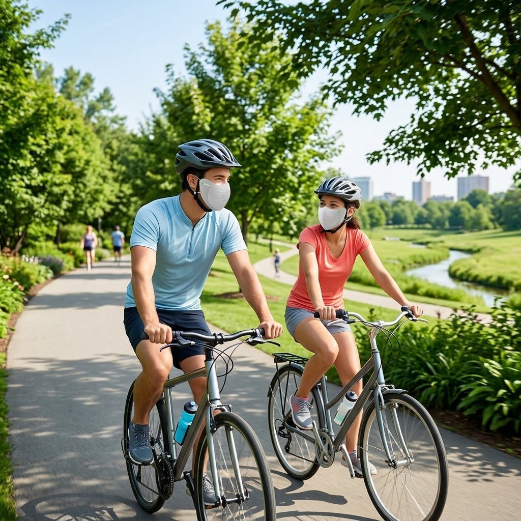 Man and woman wearing a light pink and light gray UPF 50+ UV Protection Face Cover cycling 