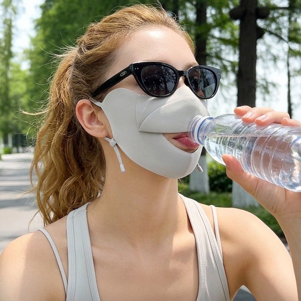 Woman Drinking With a Light Gray UPF 50+ UV Protection Face Cover