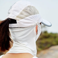 woman in a white UPF50+ UV Protection Baseball Cap and Neck Gaiter showing ponytail