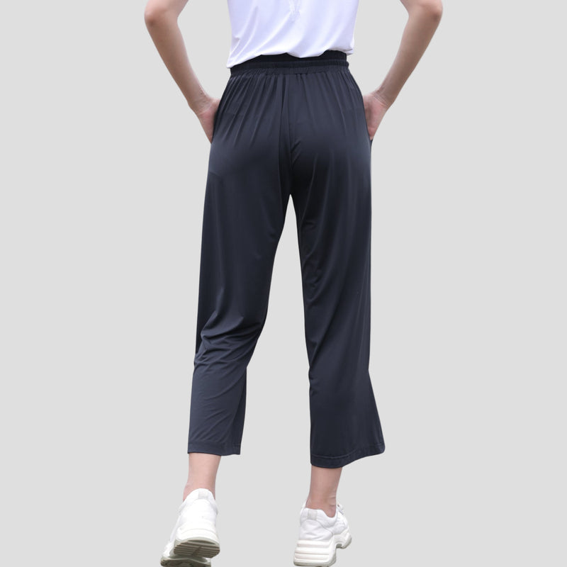 womens black UPF50+ wide leg cropped trousers from the back