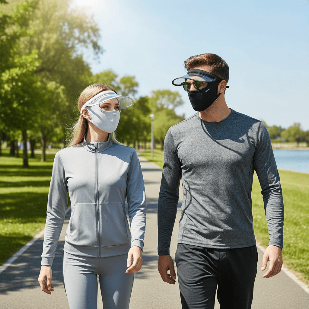 Two people walking outdoors on a path, wearing face masks and visors.
