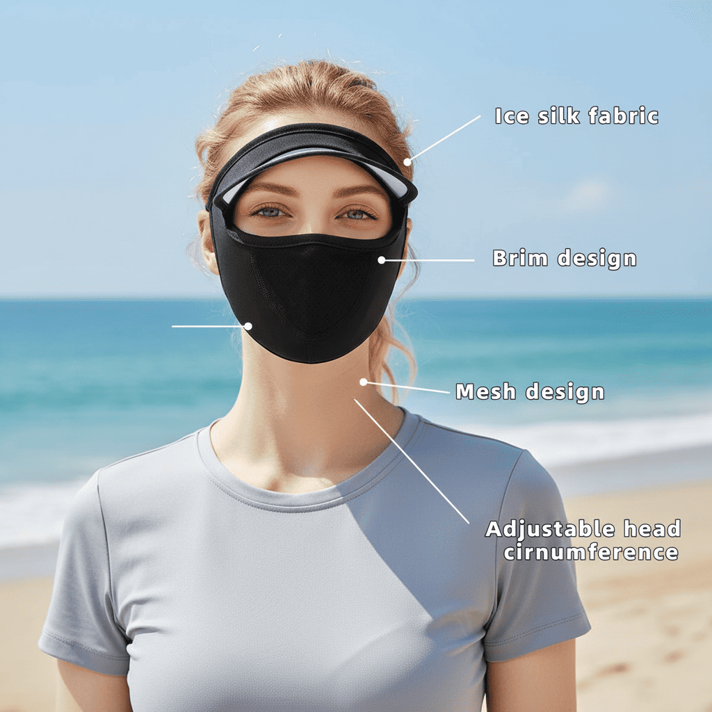 Woman wearing a face mask with beach background, labeled for features.
