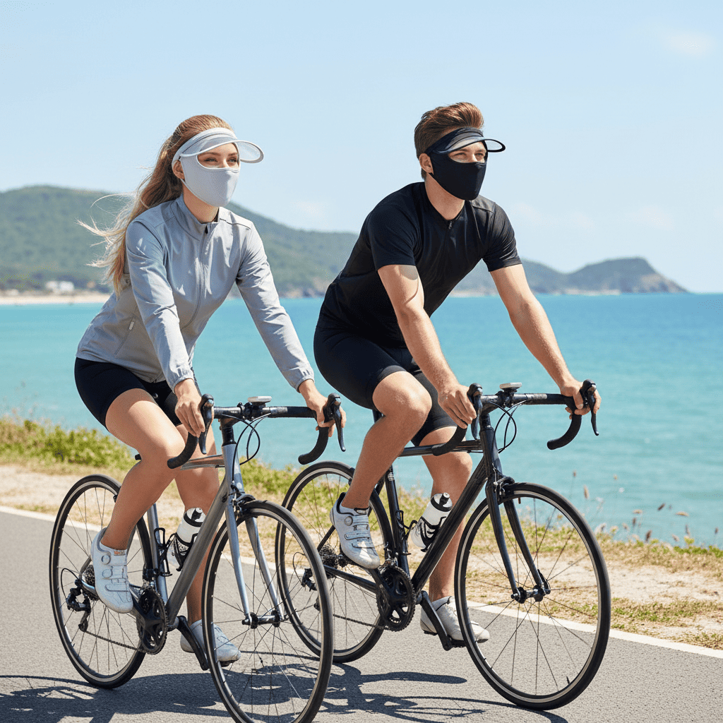 Two people cycling on a road with a scenic background of mountains and sea.