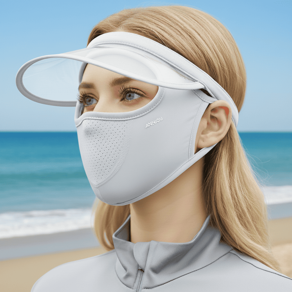 Woman wearing a face mask and visor with a beach background