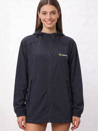 A woman wearing a navy UV protection hooded jacket with a full front zipper and a green and white Anniou logo on the left chest, and breathable vents