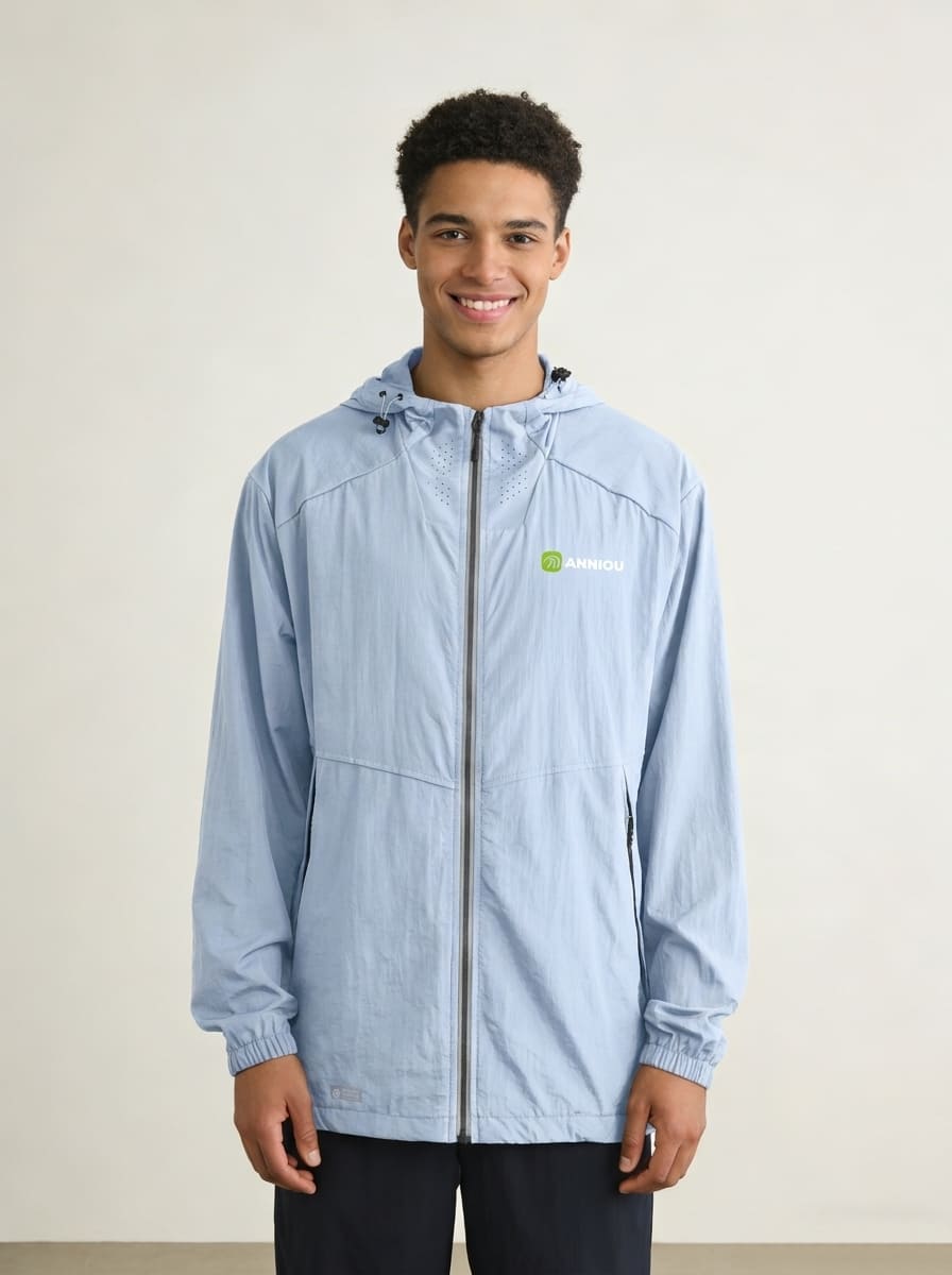 Mens light blue UV protection jacket with an Anniou logo zip and breathable neckline