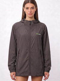 A woman wearing a dark brown UV protection hooded jacket with a full front zipper and a green and white Anniou logo on the left chest, and breathable vents