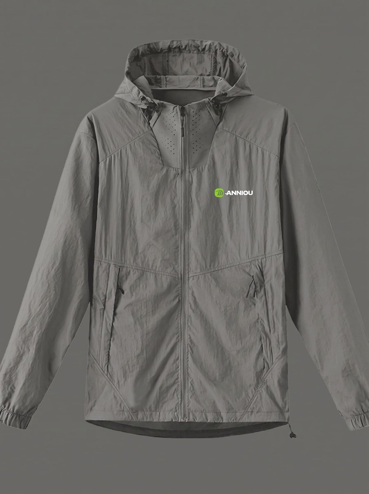 Mens dark gray UV protection jacket with an Anniou logo zip and breathable neckline