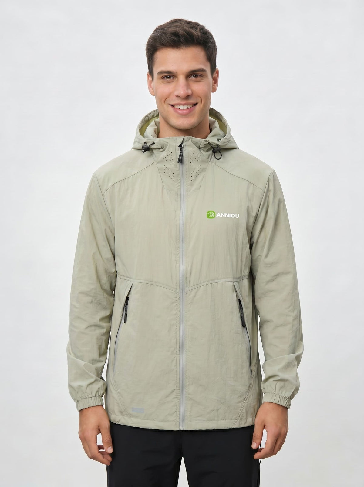 Mens light green UV protection jacket with an Anniou logo zip and breathable neckline