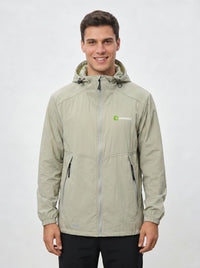 Mens light green UV protection jacket with an Anniou logo zip and breathable neckline