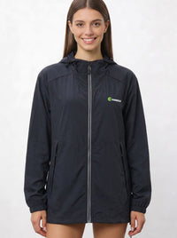 A woman wearing a black UV protection hooded jacket with a full front zipper and a green and white Anniou logo on the left chest, and breathable vents