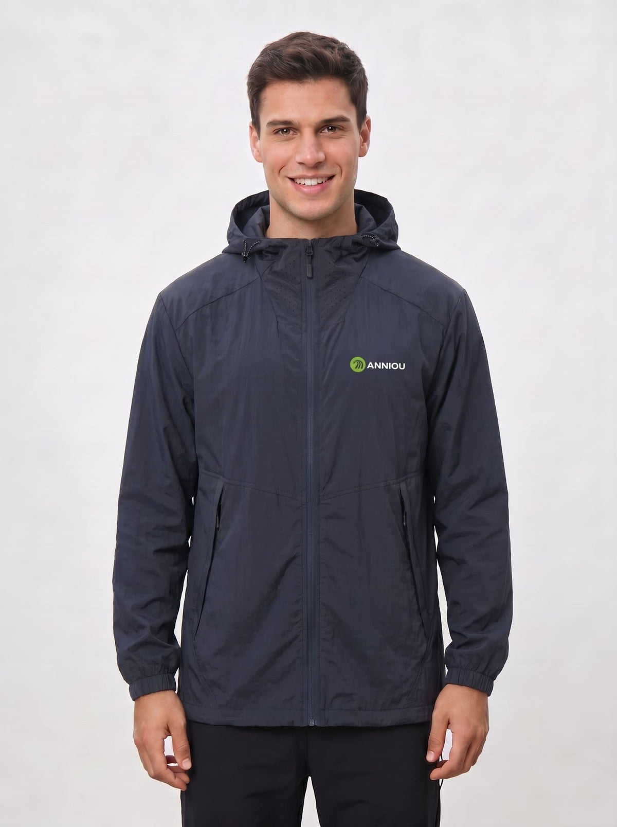Mens navy blue UV protection jacket with an Anniou logo zip and breathable neckline