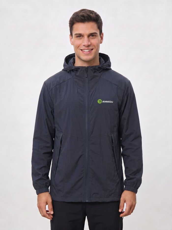 Mens navy blue UV protection jacket with an Anniou logo zip and breathable neckline