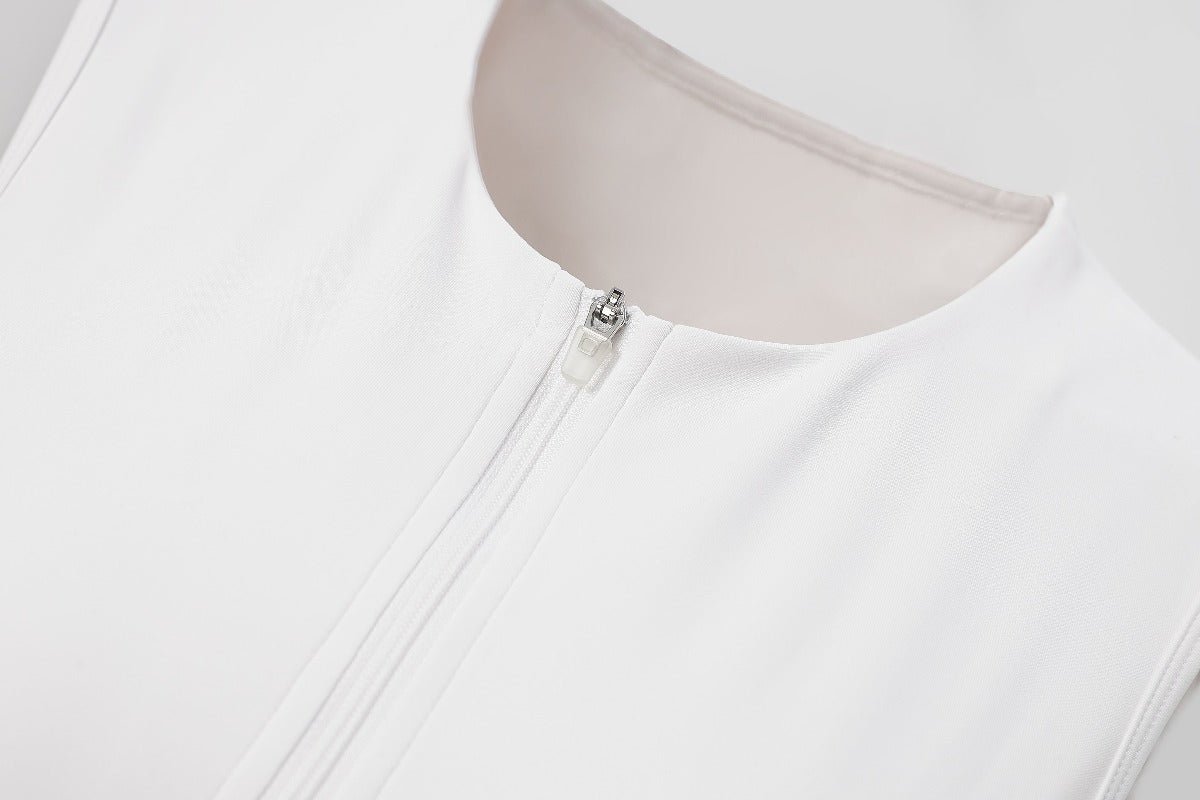 Close - up of a white jacket with a zipper