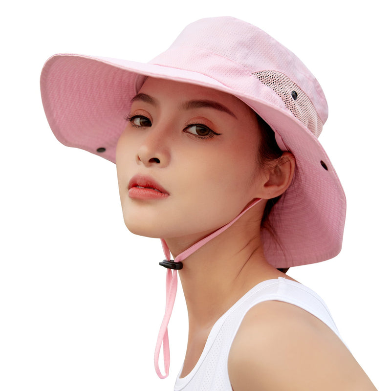 Woman wearing a pink Sun Protective Bucket Hat UPF 40+ 