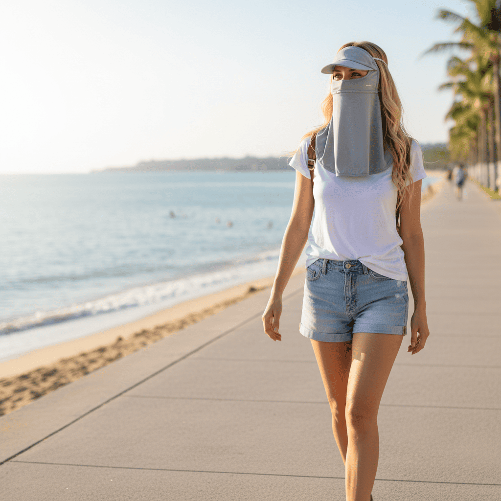 Woman walking on a beach promenade wearing a face shield and sunglasses.