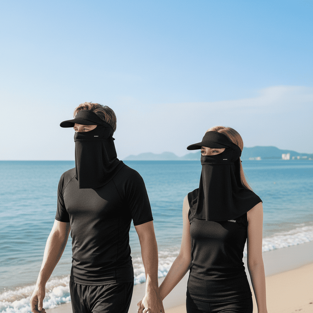 Two people wearing black sun visors and face coverings on a beach.