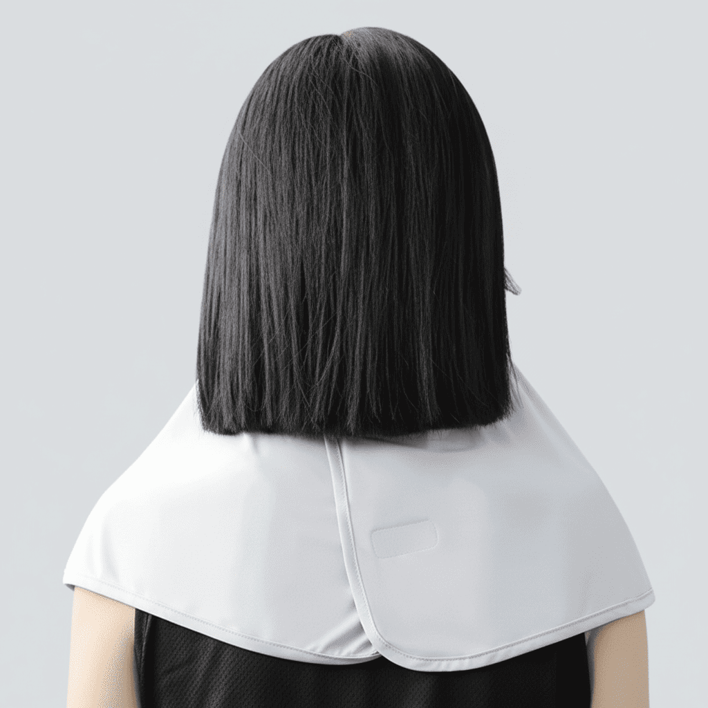Person wearing a white cape over a black outfit on a light gray background