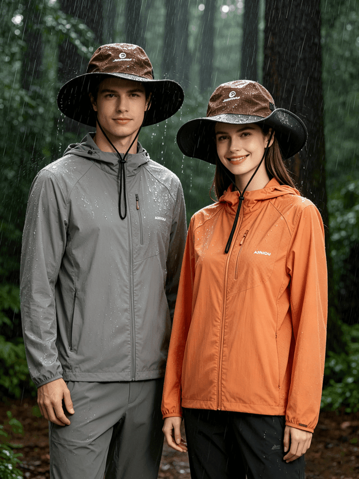 Man and woman wearing a coffee brown Waterproof Wide Brim Sun Hat UPF 50+