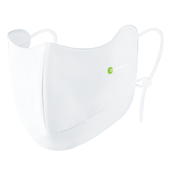 White face mask with ANNIOU branding and features on a blue gradient background