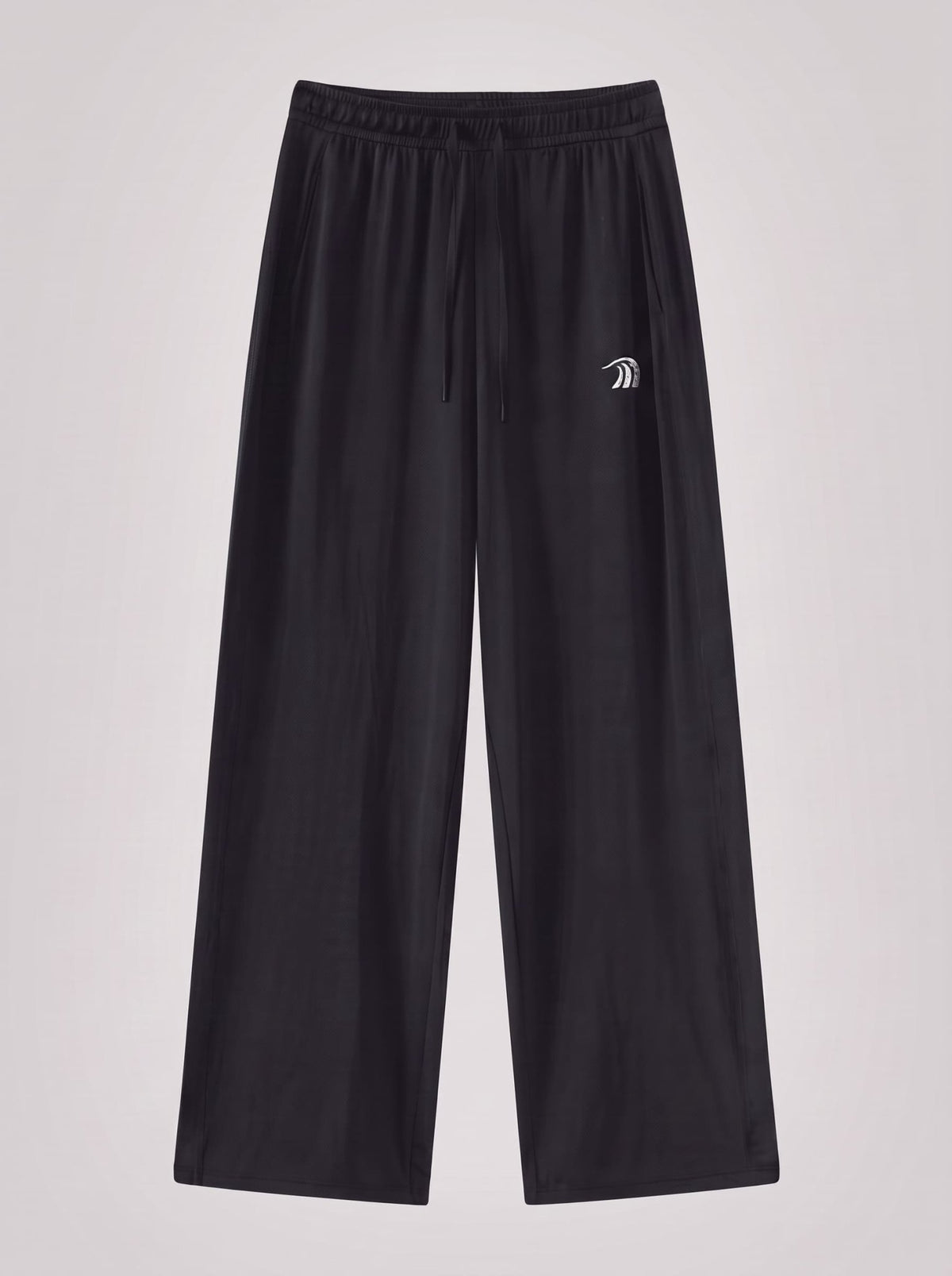 Black wide-leg sweatpants with an elastic waistband and a small white embroidered logo on the left thigh, shown against a light gray background.